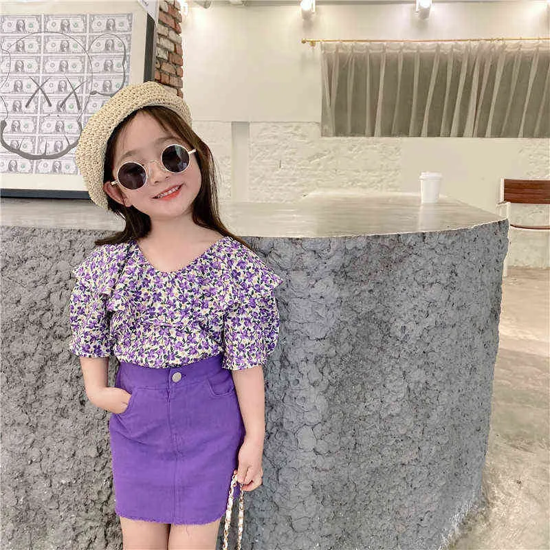 Verão Kid Roupas Coreano Forma Flor Lotus Folha Colarinho Colarinho Meninas Roupas Set Roxo Crianças Roupas G220310