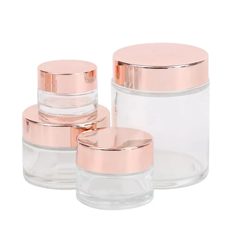 Frosted Glass Cream Jar Clear Cosmetic Bottle Lotion Lip Balm behållare med Rose Gold Lid 5G 10G 15G 20G 30G 50G 60G 100G