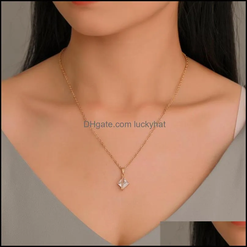 Korean Fashion Square Pendant Necklaces Rhinestone Brass Clavicle Chain Women Brand New Party Gift Necklace Jewelry Wholesale