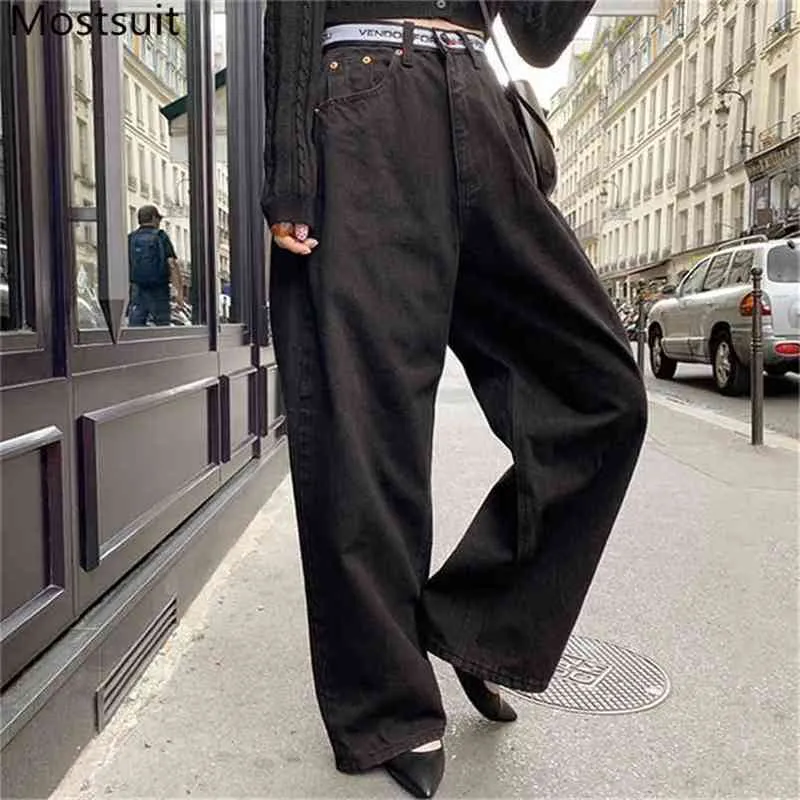 Black Corean Casual Mulheres Legged Denim Jeans Calças Cartas Impresso Cintura Botões Voar Calças Reta 210513