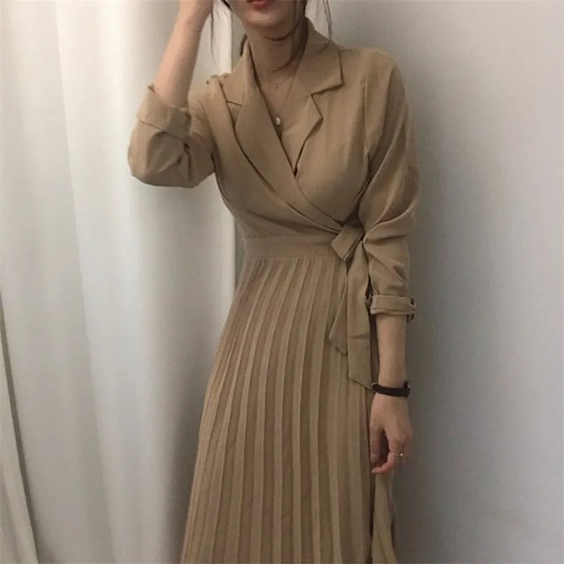 韓国のOLロングプリーツドレス女性エレガントなフルスリーブの襟ベルトラップヴェスディドMUJER MIDIビジネスシャツローブ210514