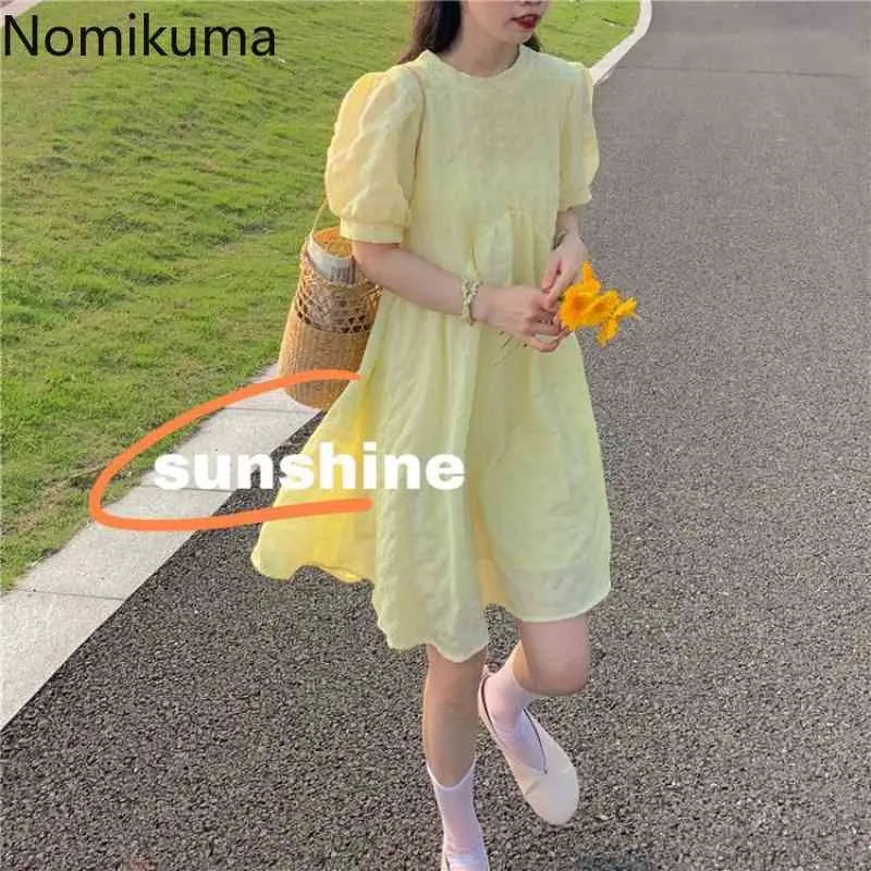 Nomikuma elegante Mini vestido amarillo Mujer verano Unicolor O cuello Puff manga A línea Vestidos espalda lazo nudo Vestidos Mujer 210514