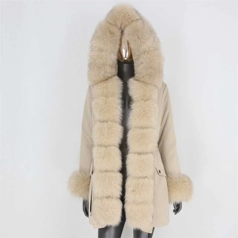 Bluenessfair Vattentät Parka Real Fur Coat Vinterjacka Kvinnor Naturlig päls krage Hood Tjock varmt ytterkläder Streetwear 211018
