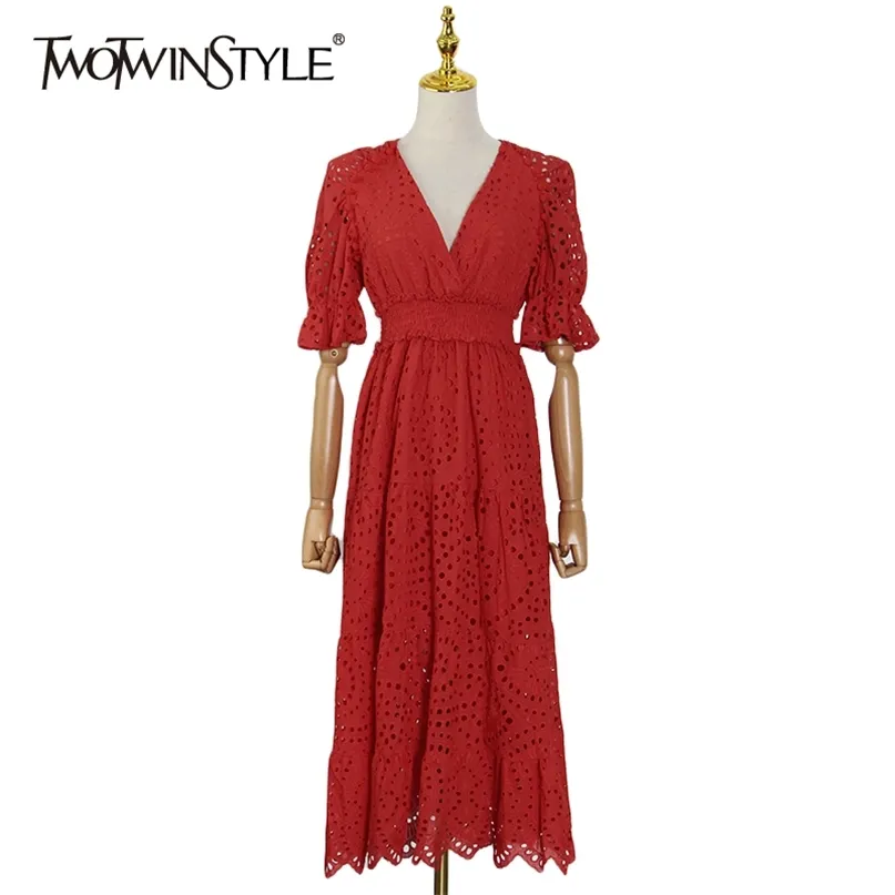 White Hollow Out Elegant Dress For Women V Neck Puff Half Sleeve High Waist Mid Dresses Female Fashion Clothes 210520