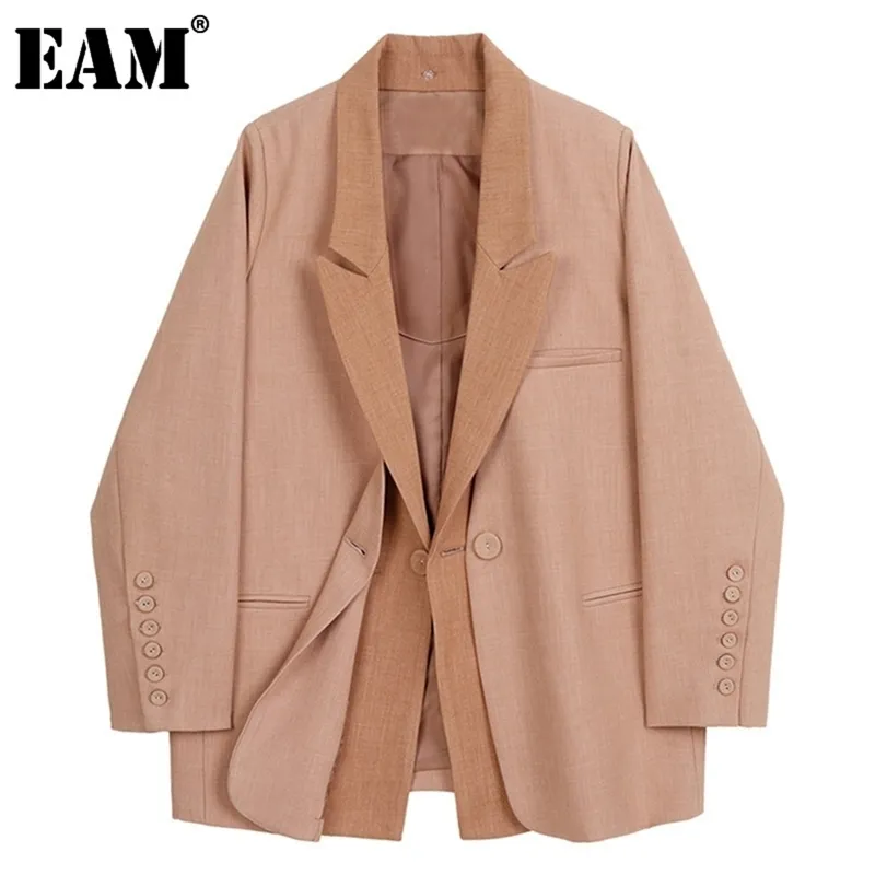 [EAM] Frauen Falsch Zwei große Größe Temperament Blazer Revers Langarm Lose Fit Jacke Mode Frühling Herbst 1DD1014 211104