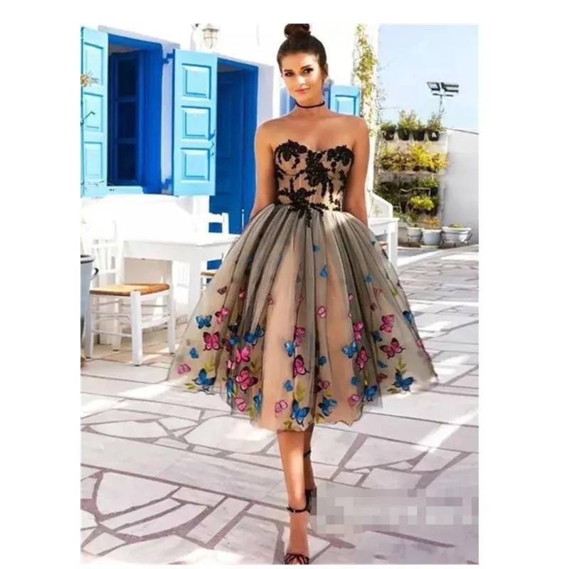 3D Borboleta Applique Homecoming Vestidos Champagne Ruffles Strapless Prom Vestido Soft Tulle Chão Comprimento Formal Party Doce 16 Vestidos de Cocktail