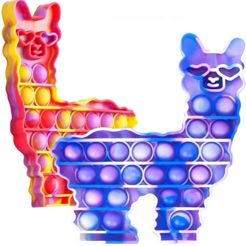 lhama Forma de alpaca push bubble popper Tie dye fidget poo-its quebra-cabeça de silicone silicone squeezy cartoon animal toys jogo de alívio de estresse brinquedo de bebê para crianças G50FH7L