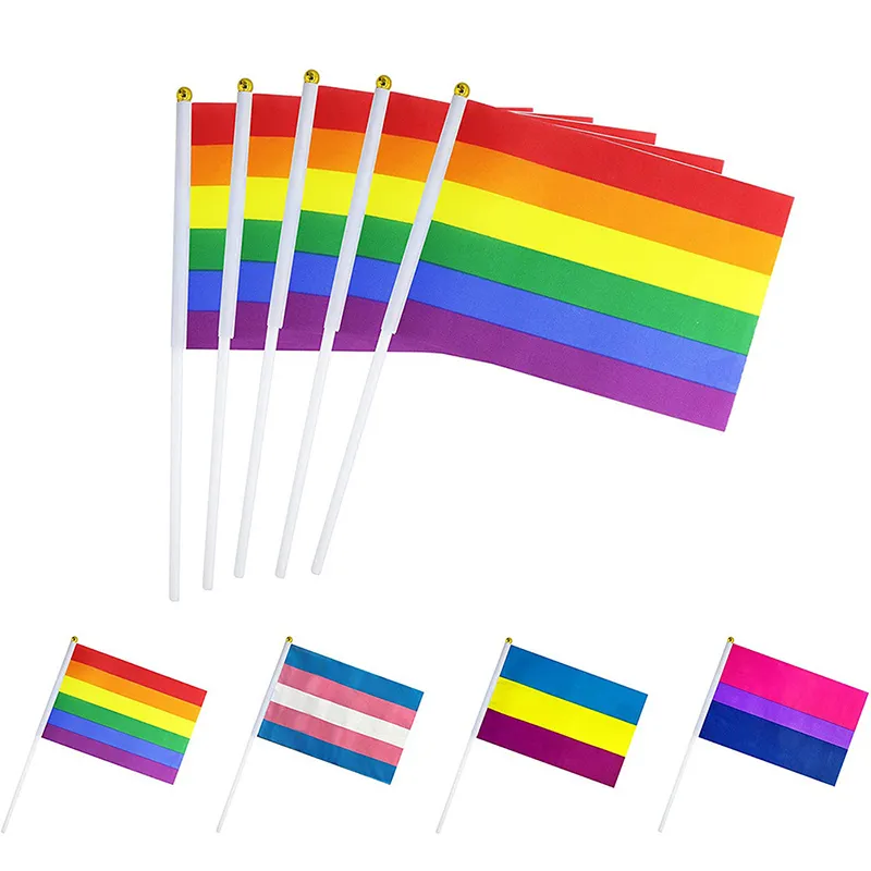N. 8 Strisce Gay Pink Rainbow LGBT Flag 14 * 21 Stampa Same Sex Pride Belt PE Bandiere a mano con asta di plastica