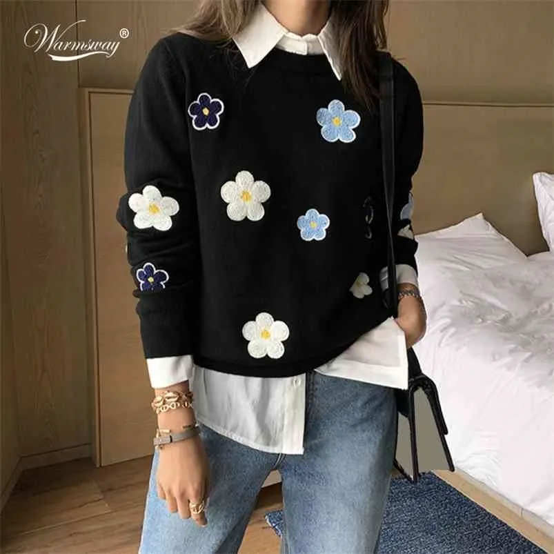 한국 꽃 탈로물 풀오버 스웨터 고품질 여성 우아한 O 넥 니트 탑스 C-089 210812