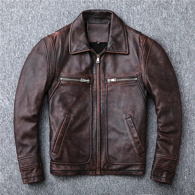 Veste en cuir rétro moto pour homme manteaux occasionnels HIP HOP Tops HOP HOP TOPS OUTERWEAR OVERTWAR SURFAT BIKER BRECKER S-XXXXL Vintage Manteau de Cowhide Brown