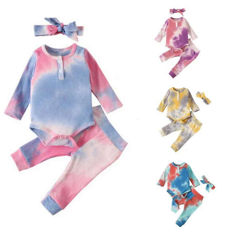 Bebé roupas gravata tingido meninas romper calças headband 3pcs conjuntos de manga comprida crianças roupas boutique baby roupas dw5775