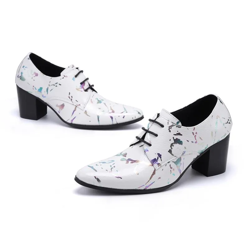 7cm High Heels Men's Shoes Lace-up Pointed Toe Genuine Leather Dress Shoes Men White High Heel Wedding/Party Footwear