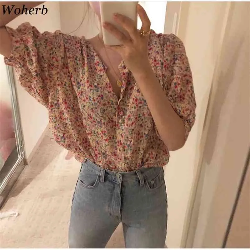 Korean Elegant Vintage Women Tops and Blouses Fashion Floral Print Shirt Casual V-Neck Chiffon Blusas Chic Femme Clothes 210519