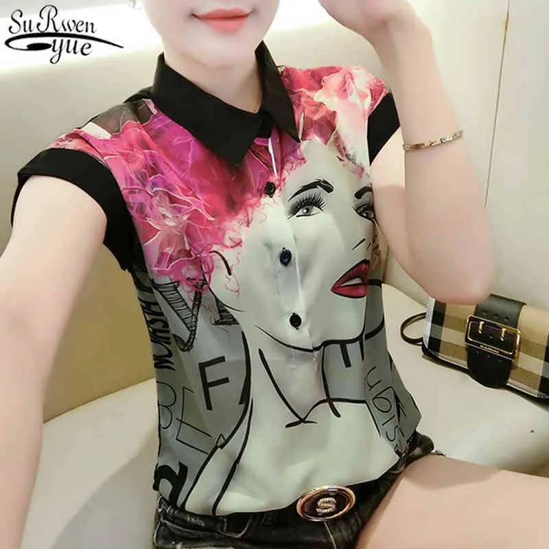 Yaz Tarzı Serin Siyah Baskılı Yaka Şifon Bluz Kısa Kollu O-Boyun Gevşek Kazak Kadının Gömlek Streetwear 10304 210427