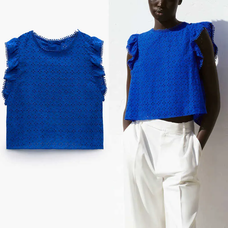 ZA Blue Summer Blouse Brodée Femmes Sans Manches Volants Openwork Top Mode Bouton Retour Vent Vintage Femme Chemises 210602