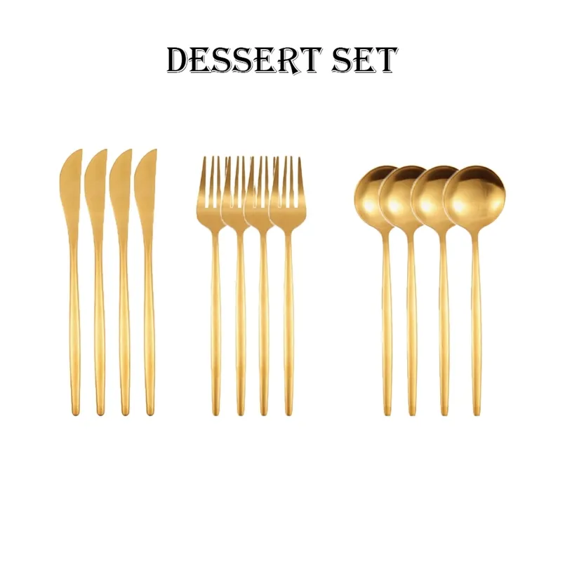 12 pz oro opaco posate in acciaio inox set da dessert cucchiai coltello forchetta stoviglie bevanda gelato utensili tè pomeridiano cucina 211108