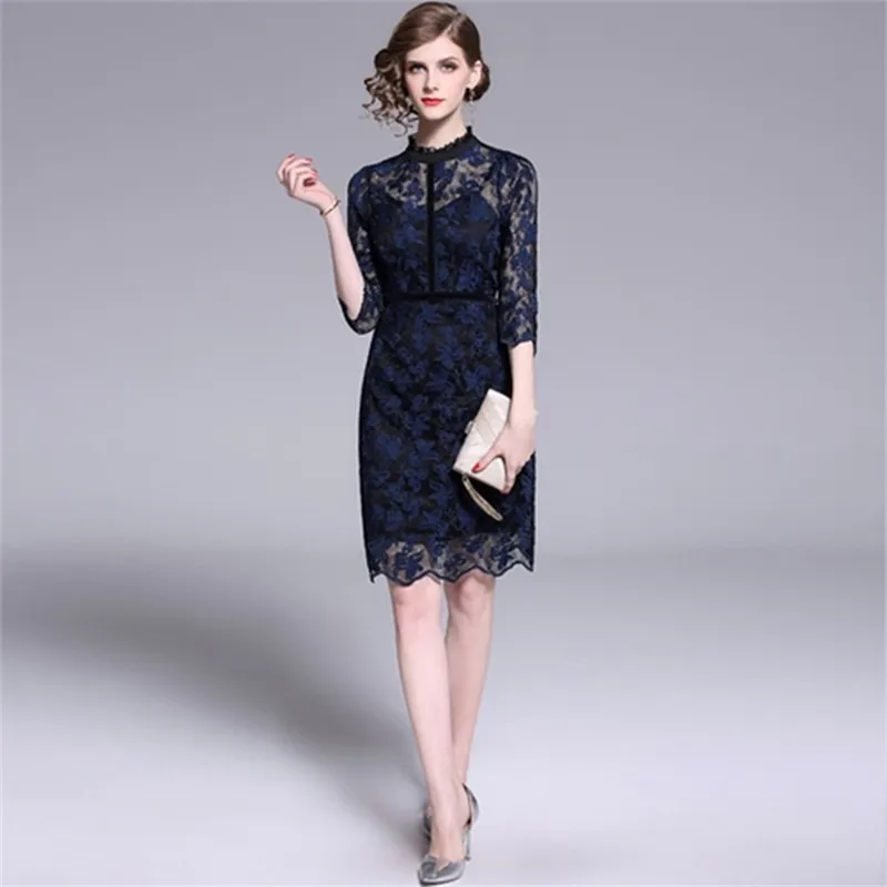 Högkvalitativ Elegant Patchwork Lace Party Dress Women Office Casual Sexy Slim Brodery Sommar Evening Vestidos 210603