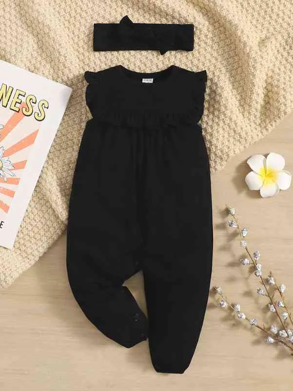 Baby Ruffle Trim Rib Knit Jumpsuit & Headband SHE