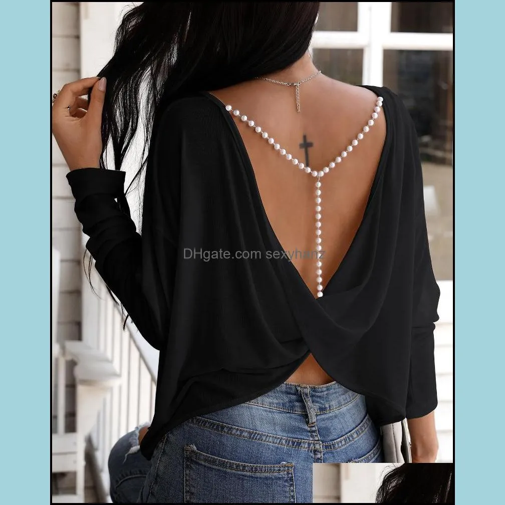 Women`s T-Shirt 2021 Autumn Spring Women Fashion Elegant Sexy Long Sleeve Ladies Open Back Top Solid Beaded Strap Backless Twisted