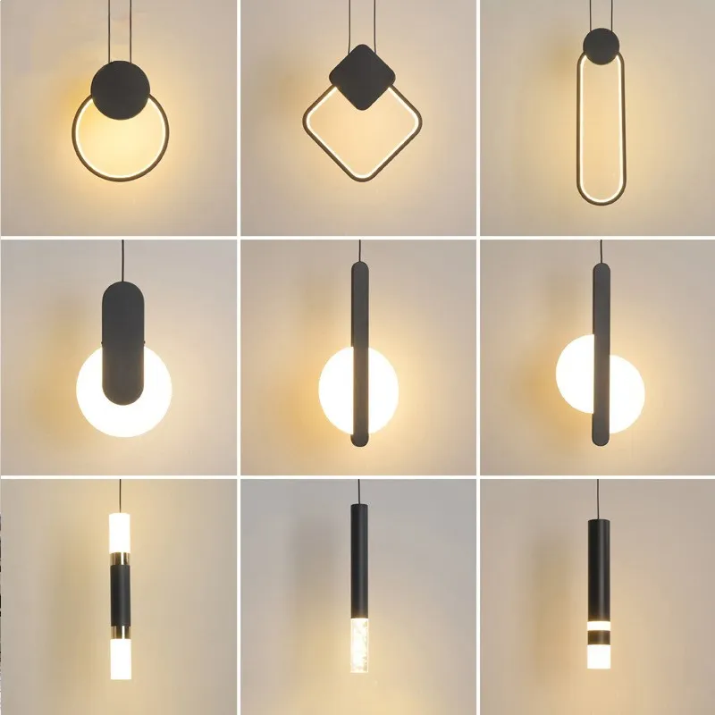길이 와이어 어두운 LED 천장 램프가있는 북유럽 미니멀리스트 블랙 링 펜던트 램프 침대 옆 장식 램프를위한 조명
