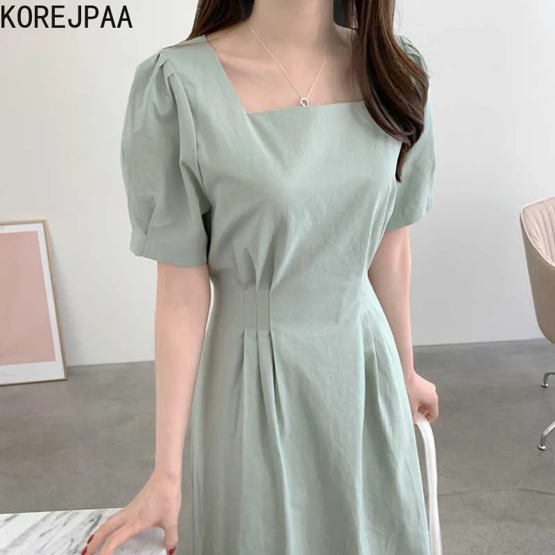 Vestido de mujeres Korejpaa Corea Summer elegante Collar Square Plaated Carril Plisado Color sólido Manga de burbujas Vestido 210526