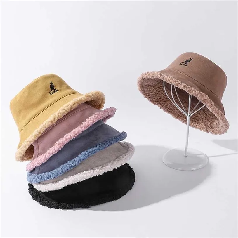 Kangaroo Sign Hat Women's Double-sided Wear Plus Velvet Thick Solid Color Fur Plush Basin Bobs 220113