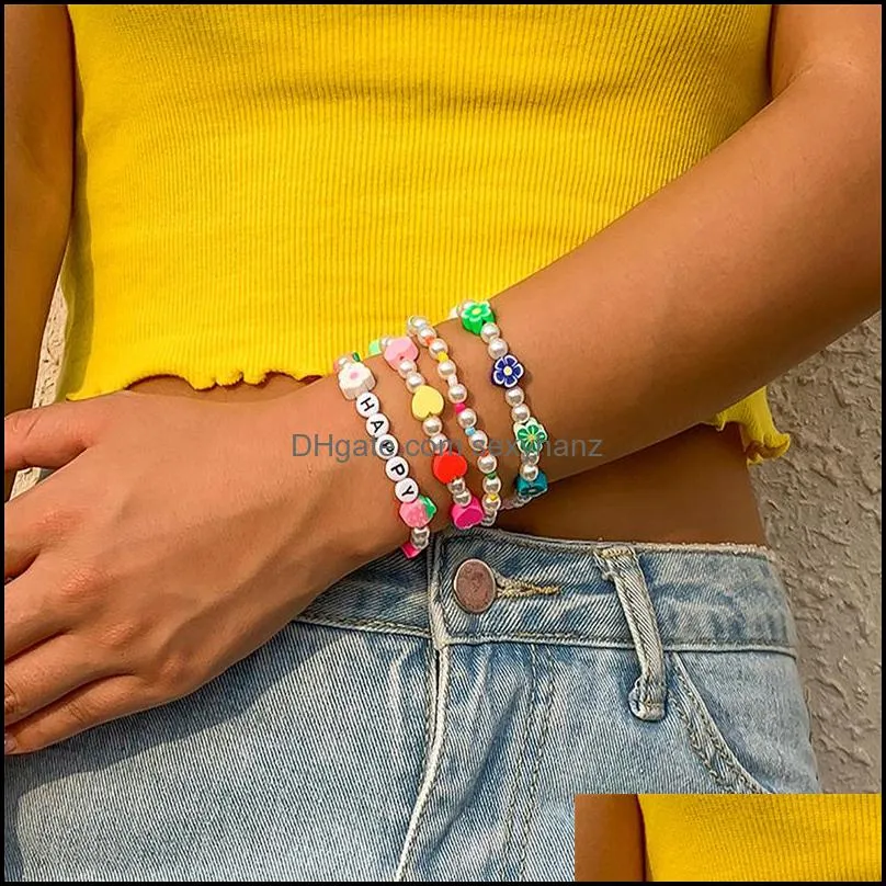 Yamog Fruit Flowers Heart Beaded Strands Bracelets Acrylic Happy Letter Imitation Pearl Beads Chains Women Multi Layer Colorful Elastic Hand