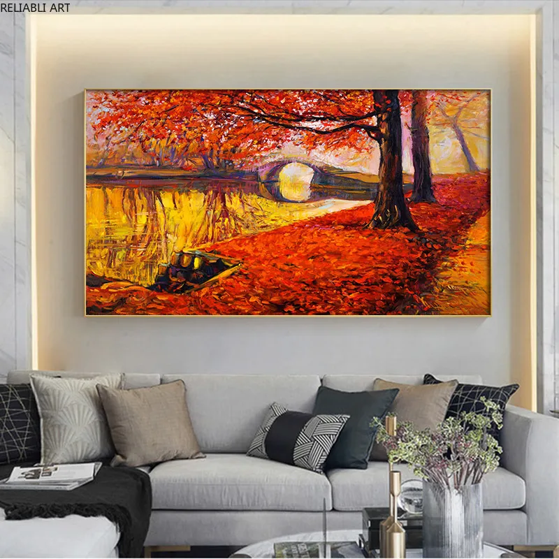 Árvores de outono árvores caindo vermelho folhas lindas paisagem pintura de lona estilo estilo decoração parede nórdica decor decoração arte cuadros