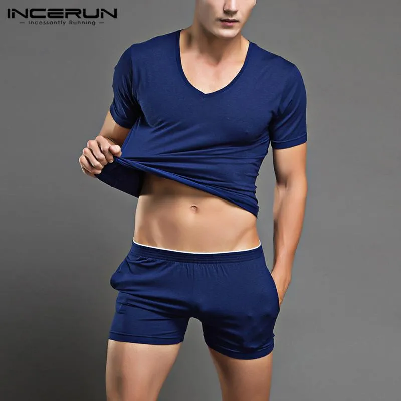 Men Pajamas Sets Solid Short Sleeve V Neck Sleepwear Tops Shorts Fitness Leisure Homewear Nightwear Suits 2 Pieces Men's