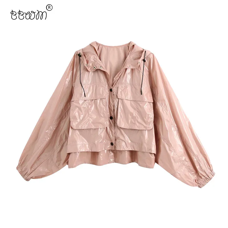 BBWM 여성 패션 포켓 반짝이 느슨한 재킷 코트 빈티지 조정 가능한 Drawstring 후드 겉옷 여성 세련된 탑 210520