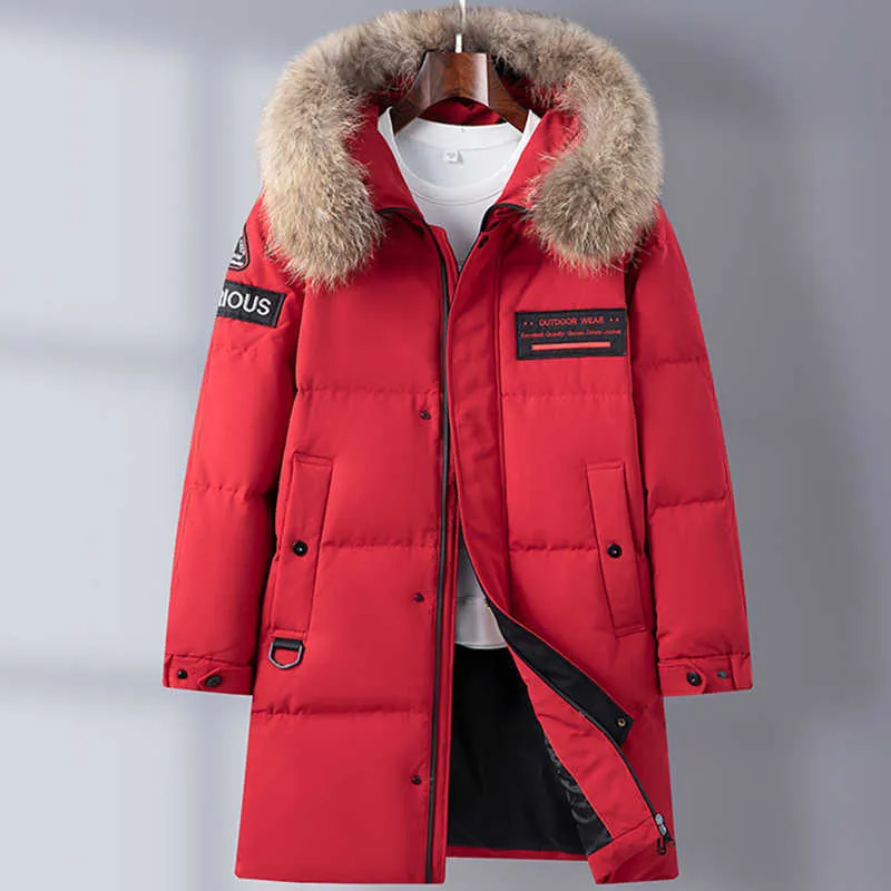 冬の刺繍厚さの長いジャケット男性フード付き暖かいパーカー90％ホワイトアヒルダウンリアルファーカラー男性コート210927