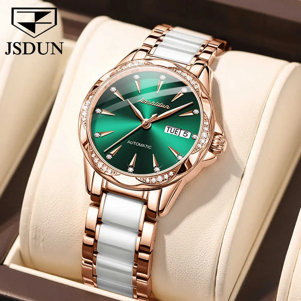 Jsdun Kvinnor Mekanisk Klocka Rose Guld Rostfritt Stål Keramikband Klänning Es Fashion Luxury Brand Women's Automatic 210616