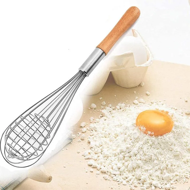 Stainless Steel Manual Egg Beater Tool Wooden Handle Cream Stirrer Blending Whisking Beating Stirring Egg Whisk Kitchen Baking Dough Paste Mixer HY0265
