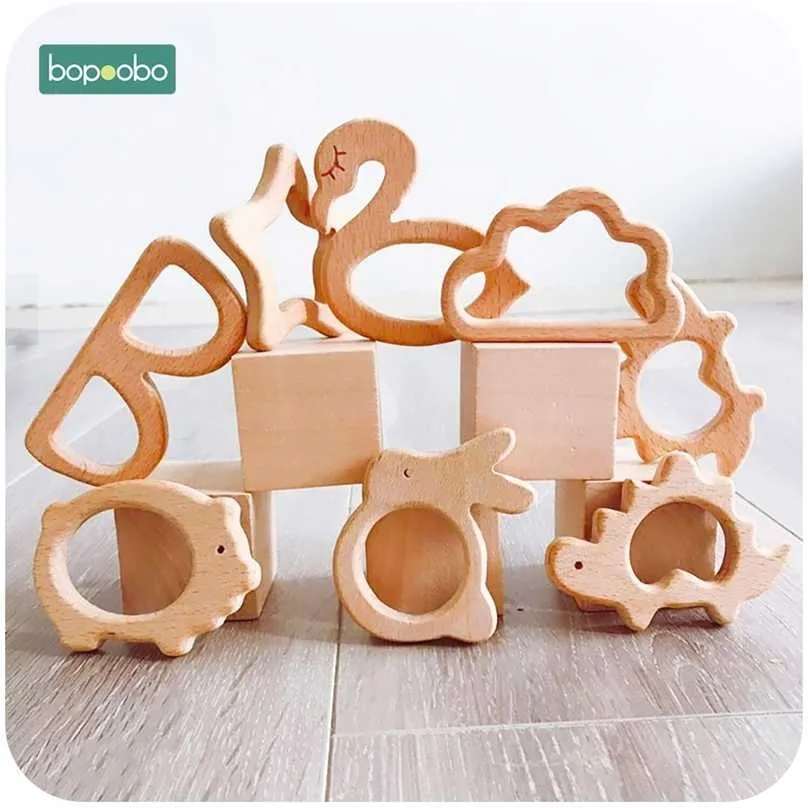 Bopoobo 10pc Wooden Teether Animal Pendant Baby Toys For Born Play Gym Accessories Diy Tiny Rod Beech Wood Teethers 211106