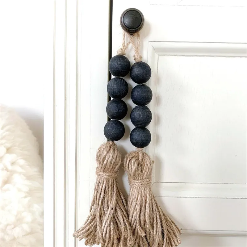 Tassle bondgård pärlor naturlig trä pärla krans modern bondgård pärla krans bohemian låda knopp dekor med jute tofs m2998 111 z2