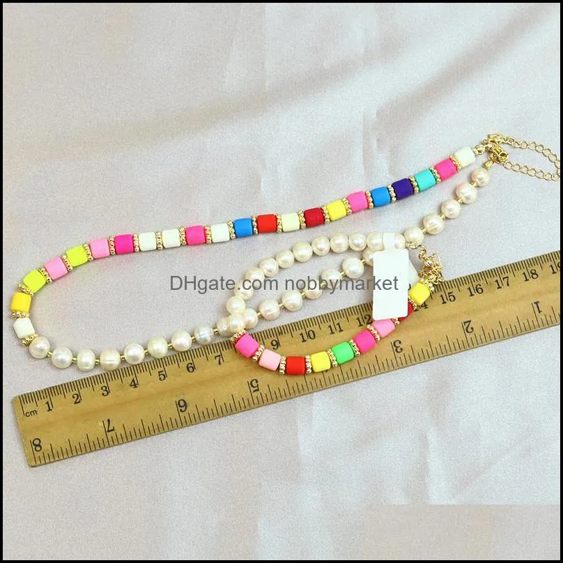 Earrings & Necklace 3 Sets Natural Pearl With Rainbow Soft Poterry Beads And Bracelets Jewelry 90146