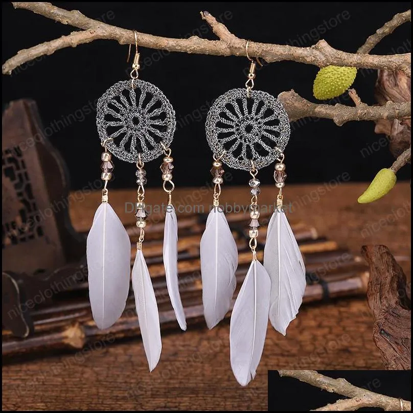 Bohemia Women`s Crystal Red Feather Tassel Earring 2021 Summer Indian Jewelry Tibetan Dream Catcher Dangle Wedding Earrings