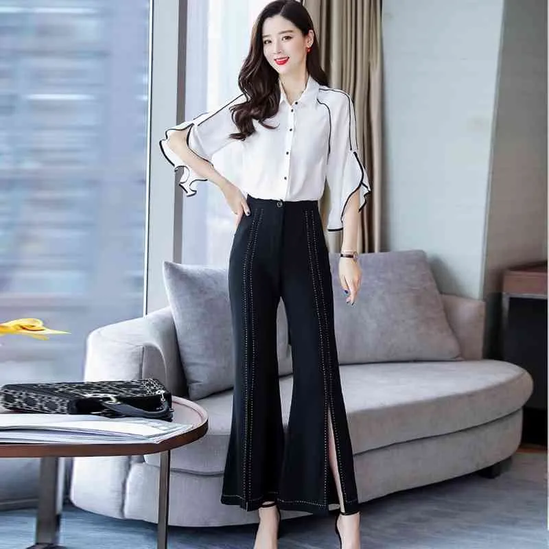 High Waist Wide Leg Pants Women's Summer Two-Piece Black For Woman Casual Trousers Z12 210426