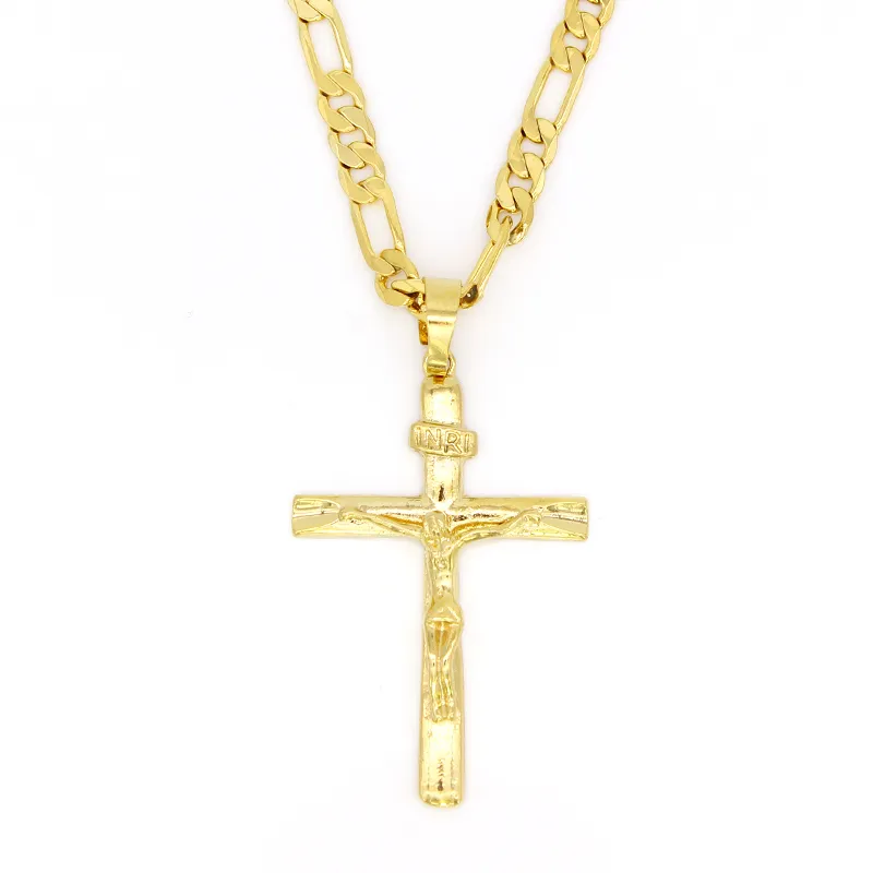 Желтое сплошное тонкое золото GF Иисус Крест Распятие Шарм Большой кулон 55*35 мм Цепочка Фигаро Ожерелье
