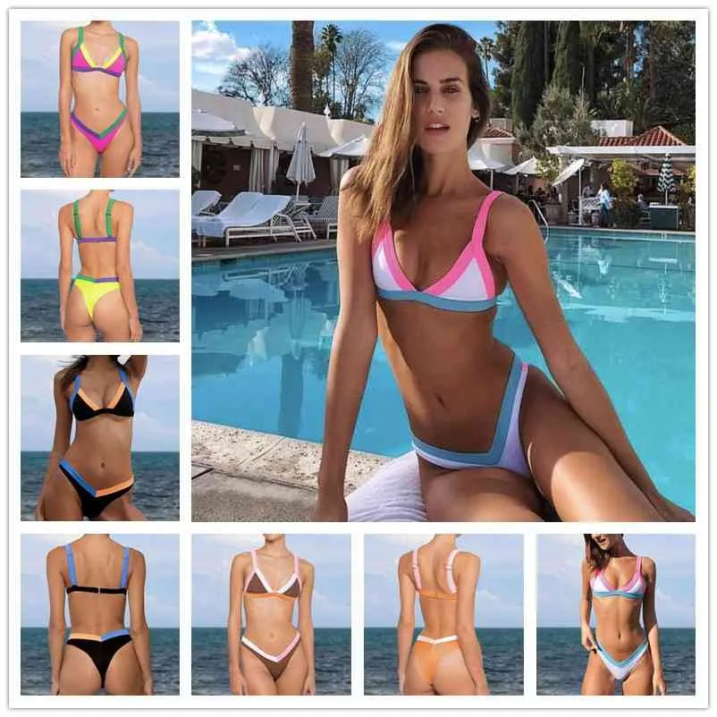 Flickor bikini set sexig brasiliansk baddräkt liten kopp högklipp stil strand Biquini svart / vit splice swimwear thong bikinis 210621