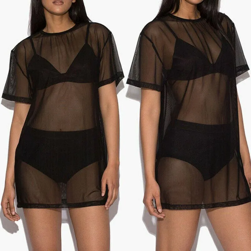 Robe de plage en maille pour femmes, Cover-Up pour les maillots de bain, manches courtes, col rond, Transparent, Sexy, Sarongs, été