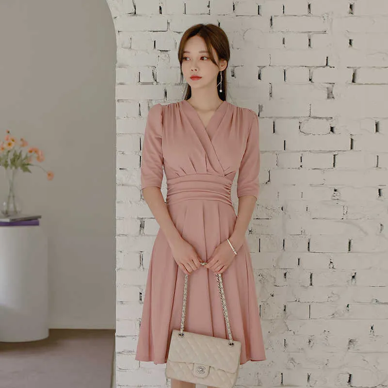 Pleated Casual Tunic Dress Pink Women Slim A-Line Spring Half Sleeve Ladies Office Elegant Party es 210529