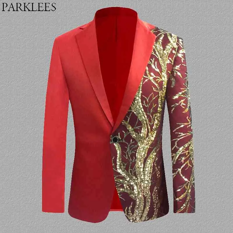 Brillant Branches Sequin Costume Rouge Veste Hommes Revers Cranté Un Bouton Robe Blazers Discothèque Fête De Mariage Costume De Scène Homme 4XL 210522