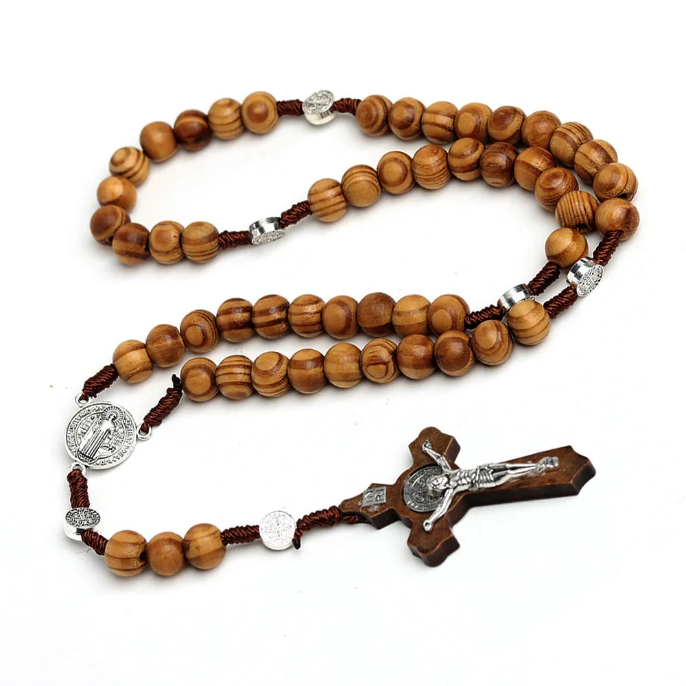 Wholesale Wooden Rosary Beads Necklace For Women Men Catholic Saint Benedict of Nursia Cross Pendant Rosarius Jewelry Amulet