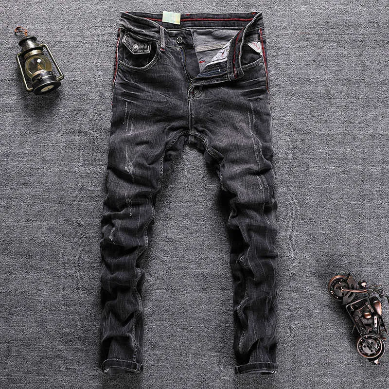 ヨーロッパのヴィンテージファッション男性ジーンズレトロな黒灰色の弾性スリムフィットリッピングデザイナーストレッチカジュアルコットンデニムパンツ3u8h