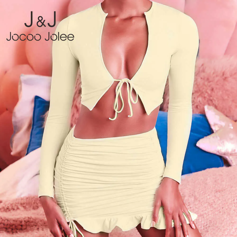 Jocoo Jolee Elegant Long Sleeve Croped Tops and Ruffles Drawstring Mini Kjol 2st Women Sexig Solid Mager Club Suits 210619