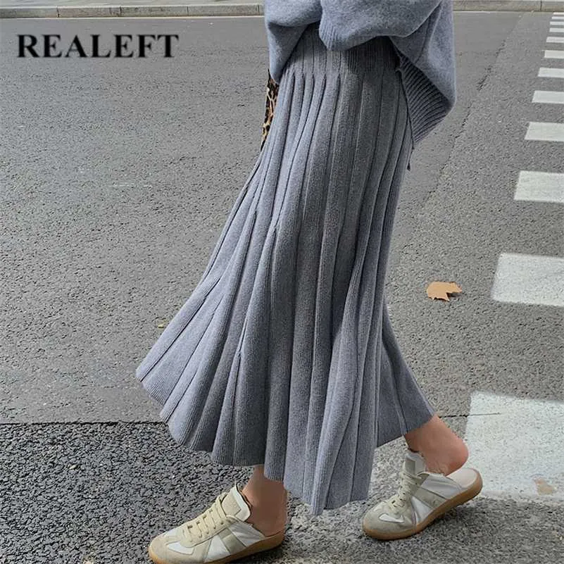 REALEFT Thicken Knitting Long Pleated Skirts Autumn Winter Women Solid High Waist Umbrella Skater Long Skirts Female 211120