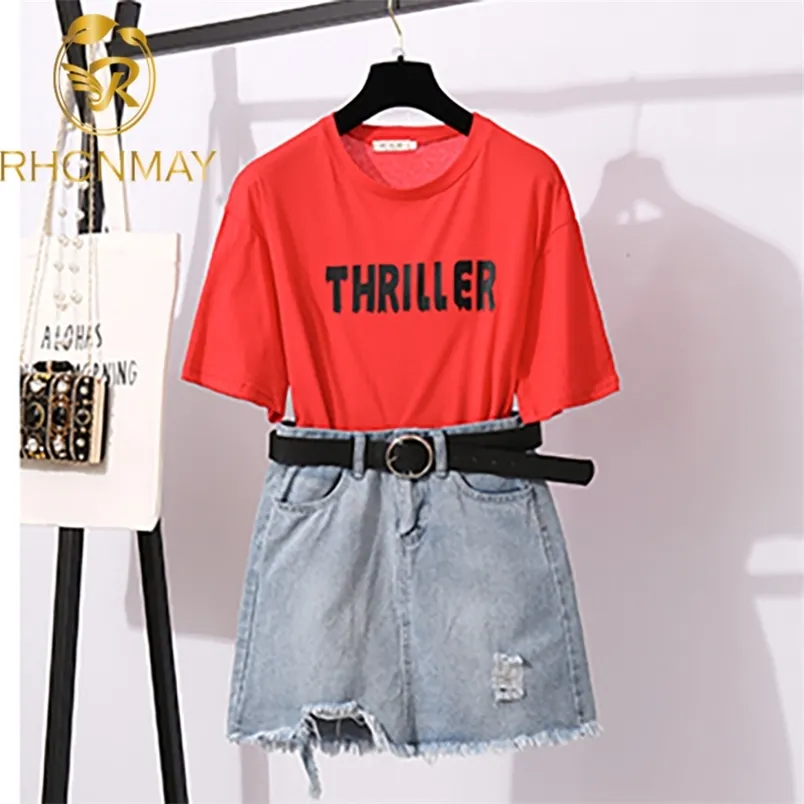 Summer 2 Piece Set Fashion Women's Red Letters Print Girl Loose Long T-shirt + Jeans Tassel Hole Bodycon Skirt Sets 210506