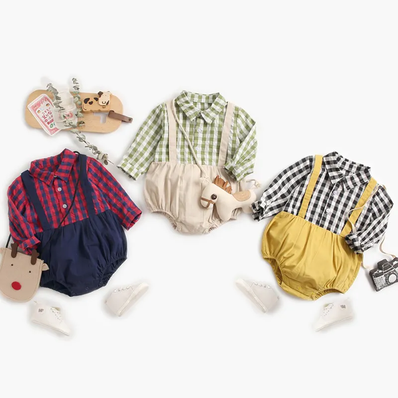 born Baby Boys Plaid Shirt Long Sleeve Clothes Rompers Spring Autumn Toddler Fake Two Piece Triangle Jumpsuits 210429