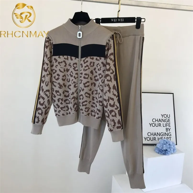 Tracksuit Women Leopard Knit Zip Cardigan Tops+Pants Suit 2PCS Sets Long Sleeve Jacket Coat Woman Casual Sweater Trousers Suits 211105